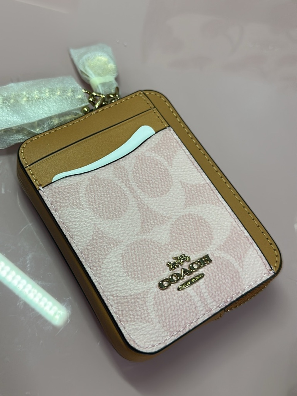 NWT Zip Card Case In Signature Canvas With Charm gold/powder pink 🩷 - Picture 3 of 3